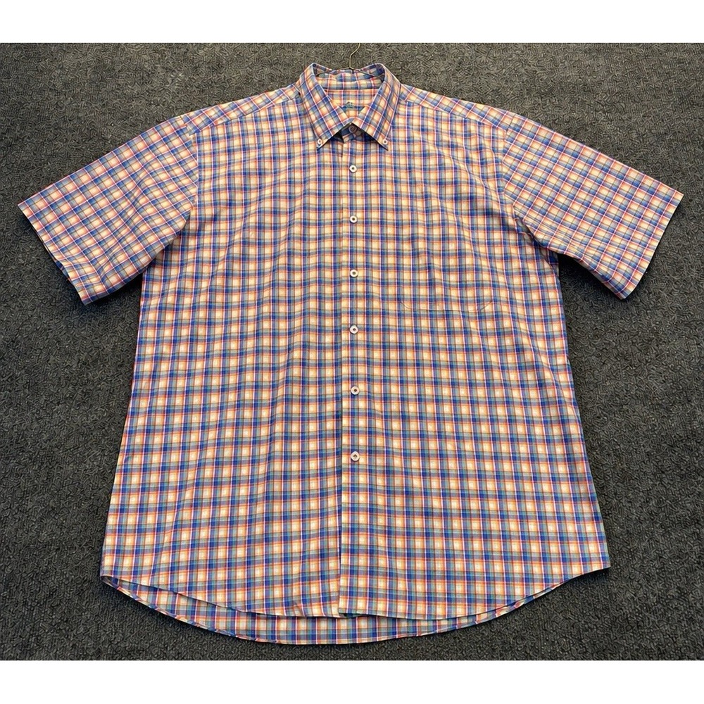 Alan Flusser Men's L Plaid Button Front Short Sleeve Shirt 100% Cotton